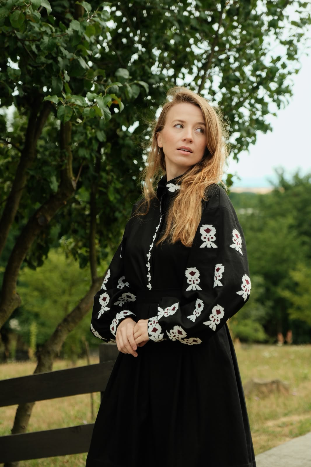 A model wearing an embroidered dress from the collection.